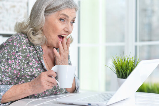 Happy senior woman using laptop