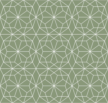 Repeating geometrical decagonal shapes outline pattern in straight white lines. Contemporary vector illustration on a light gray background.