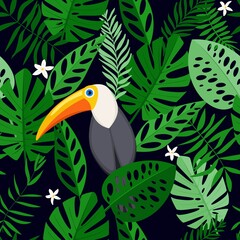 Seamless pattern with tropical flowers and leaves with toucan bird. Hand drawn, vector, bright colours. Background for prints, fabric, wallpapers, wrapping paper..