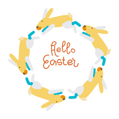 Vector illustration. The inscription Hello Easter and a frame of yellow rabbits around. For poster and congratulation..