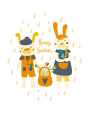 Vector illustration. Two rabbits in clothes with a basket of flowers and the inscription Happy Easter. For poster and congratulation..