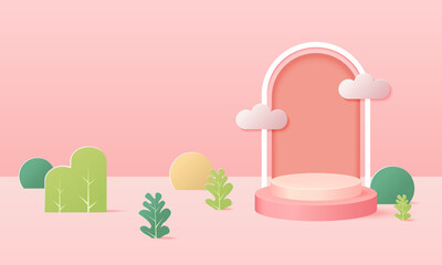 Minimal scene of empty podium display for showcase product with spring theme. Pastel color vector background