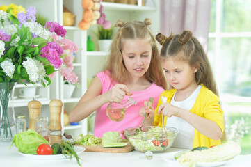 Cute girls preparing delicious fresh salad
