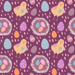 Fotobehang Vector illustration seamless pattern on the theme of Easter. Nest with colored eggs and chicken on a purple background. For poster and congratulation.. © Olga Shelukhova