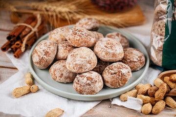 Pile of russian gingerbread cookies on the wooden decorated table