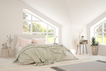 White bedroom interior. Scandinavian design. 3D illustration