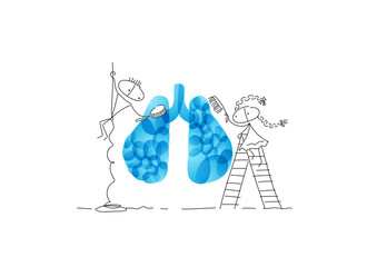 Coronavirus treatment. A guy and a girl brush their lungs from covid 2019.