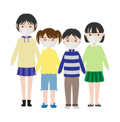 Fototapeta premium マスクを着けて並んで立っている少年少女たち 