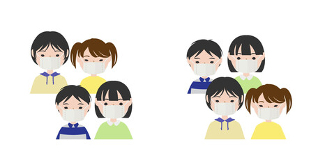 マスクを着けて二列並んでいる少年少女たち
