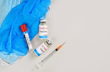 Covid-19 Corona Virus 2019-ncov vaccine vials medicine drug bottles syringe injection. Vaccination,...