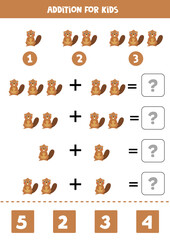 Addition worksheet with cute cartoon beaver. Math game.