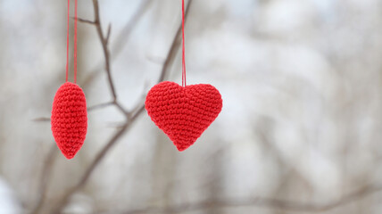 Love hearts hanging on a tree branch. Two red knitted Valentines symbols in winter forest, background for holiday