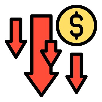 Coin with many down arrow icon, Bankruptcy related vector