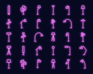 Floor lamps pink neon line icon set. There are old-fashion and modern lampshades for different rooms. Icons are bright and light