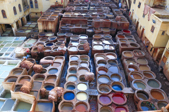 Fez, Morocco - October 22th 2018. The town of Fez in the Kingdom of Morocco had three tanneries and the largest was Chouara tannery.
This place has been around for 1000 years