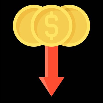 Coins with down arrow icon, Bankruptcy related vector
