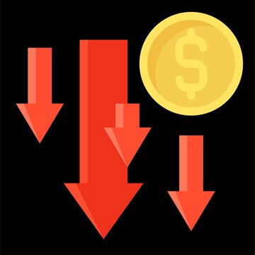 Coin with many down arrow icon, Bankruptcy related vector