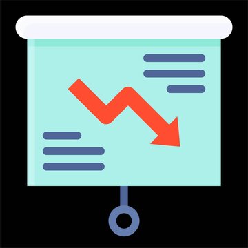 Projection screen with decrease arrow icon, Bankruptcy related vector