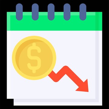 Calendar with coin and decrease arrow icon, Bankruptcy related vector