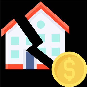 Broken House With Coin Icon, Bankruptcy Related Vector