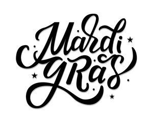 Graphic hand drawn Mardi Gras Louisiana New Orleans carnival poster image. Mardi Gras lettering . Fun mystery holidays sign design. Handwritten