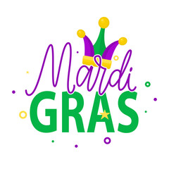 Mardi Gras vector lettering for carnival, filigree calligraphic font. with crown. Mardi Gras cheerful text with beads flat design. EPS 10 vector