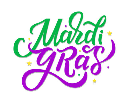 Mardi Gras vector lettering for carnival, filigree calligraphic font. Mardi Gras cheerful text with beads flat design. EPS 10 vector