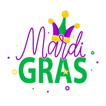 Mardi Gras vector lettering for carnival, filigree calligraphic font. with crown. Mardi Gras cheerful text with beads flat design. EPS 10 vector
