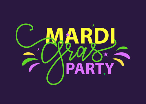 Vector lettering for Mardi Gras carnival, filigree calligraphic font. elegant fancy logo with greeting slogan, stars and dots on dark background