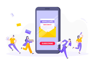Subscribe now to our newsletter vector illustration with tiny people working with smartphone, envelope and newsletter. Email news subscription or mail marketing business flat style design concept.