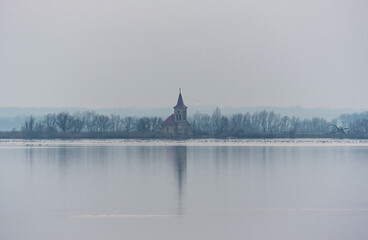 church across the water surface