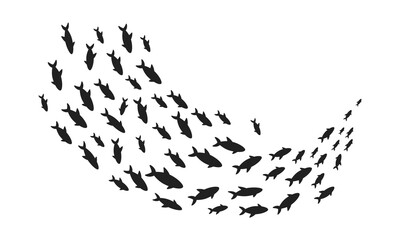 Silhouettes school of fish with marine life of various sizes swimming fish flat style design vector illustration. Colony of big and small sea animals.