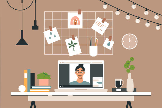 Office desk with laptop. Workplace with mood board, books and home plants in trendy room interior. Online work call. Flat vector illustration.