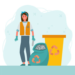 Eco-illustration sorting waste, Save the planet. Environmental characters sort waste. A girl with an eco-bag and a reusable cup for plastic, metal, paper. . Vector illustration