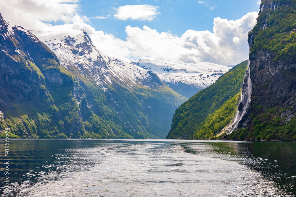 Poster Geiranger fjord with a waterfall in Norway