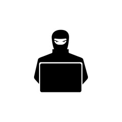 Hacker with a laptop vector solid black icon. A symbol of Cybercrime. Password hacking and identity theft, software errors, viruses and spam. The concept of phishing, Online fraud, and web protection