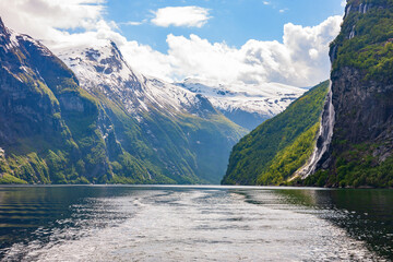 Geiranger fjord with a waterfall in Norway