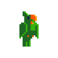 Obraz premium Pirate parrot character. Pixel art. Tropical bird. Sticker design. Game assets. 8-bit. Isolated abstract vector illustration.