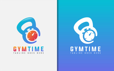 Obraz premium Gym Time Logo Design. Abstract Kettlebell Combine with Stopwatch. Sport Vector Logo Illustration.