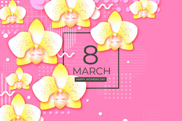 Beautiful Yellow Orchid. Happy Womens Day. 8 March. Mothers Day. Spring time paper cut style. Pink background. Copy space. Square frame. Geometrical shapes.