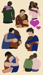 Vector set. Different couples in love hugging each other.Modern hand drawn vector illustrations. Flat design.Paper style.