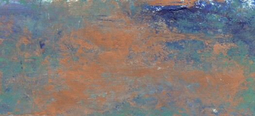 Oil painting, cool background in green-blue tones with a textured brush and bronze spots.