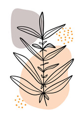 Continuous line drawing leaves, branches, fashion concept, minimalist beauty, vector illustration with line and spots on a solid background
