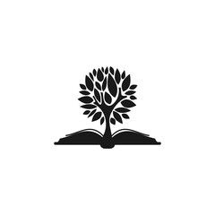 Black open book with tree. Flat icon isolated on white background.