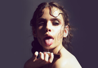 Girl with saliva dripping from wet, open mouth, tongue. - obrazy, fototapety, plakaty