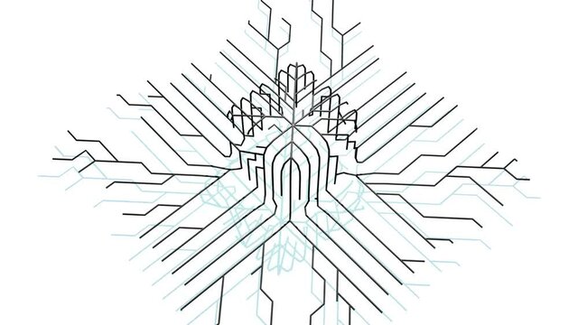 4k abstract black wireframe on white bg. Ai growing geometric pattern of lines form cube, branches of calculations, nodes and intersections. Building solution by ai or neural network.