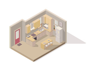 Vector isometric element representing kitchen/dining room/. Room includes kitchen cabinets, refrigerator, stove, oven, dining table, stools and others. Isometric kitchen.