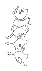 One line drawing style of cats in various acts. She’s falling down to the ground and trying to flip herself then landing safely finally.