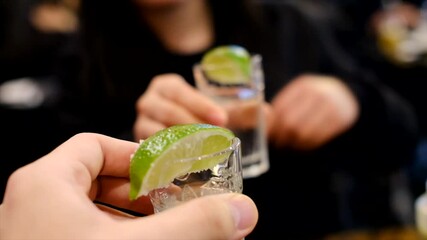 Cheers Slow Motion Lime Tequila Salt Shots Going Out Having Fun With Friends
