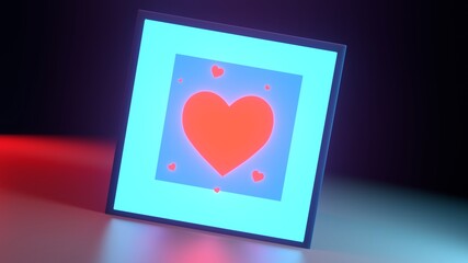 glowing red heart in inner glowing blue box in the black background